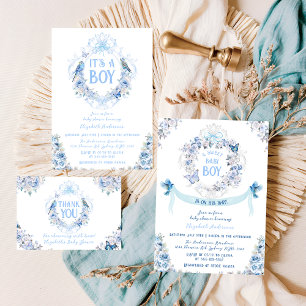 Blue Floral Crest It's a Boy Baby Shower Invitation