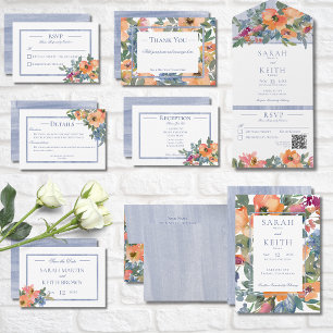 Rustic Peach Blue & White Floral QR Code All In One Invitation
