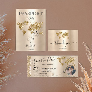 Wedding Destination Glitter Gold World Map Invitation