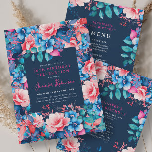 Chic Watercolor Floral 30th Birthday Navy Blue  Invitation