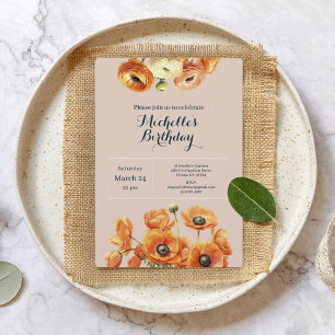 Orange Pink Garden Floral Any Age Birthday Party  Invitation