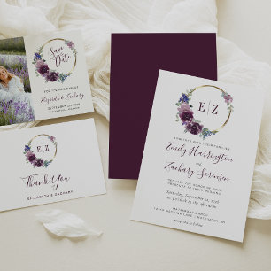 Monogram Purple Floral Wreath Wedding Details Enclosure Card