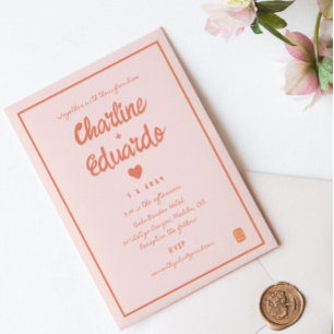 Retro Pink and Red Wavy  Handwriting Wedding Invit Invitation