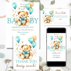 Teddy bear bearly wait aqua blue brown baby shower invitation