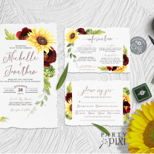 Burgundy Rose and Sunflower Wedding Invitation