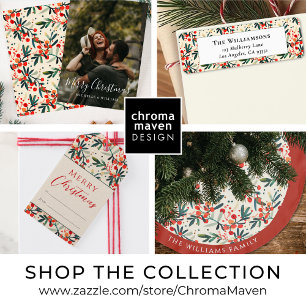 Modern Holly Berries Christmas Script Photo Holiday Card
