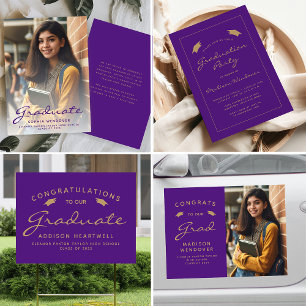2025 Classic Purple Gold Border Graduation Party Invitation