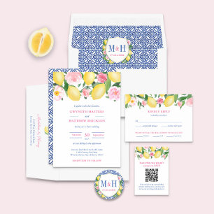 Positano Lemons Pink Floral Blue Tile Wedding Invitation