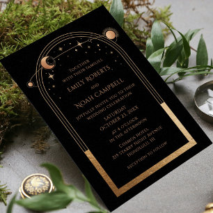 Mystical Black Gold Sun Moon Astronomy Wedding All In One Invitation