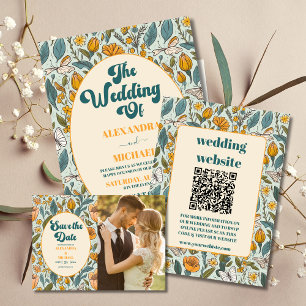 Boho Chic Retro Colourful Floral Wedding  Save The Date