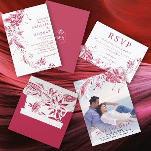 Branch with viva magenta and white flowers wedding envelope