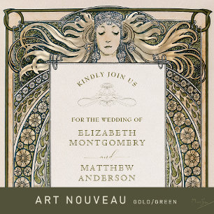 Art Nouveau Wedding Invitation Gold Green by Mucha