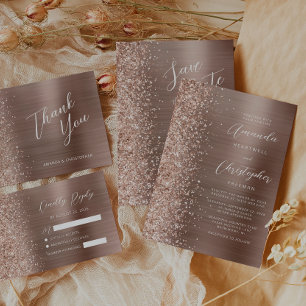Rose Gold Glam Brushed Metal Glitter Wedding Invitation