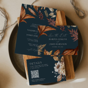 Rustic Terracotta Floral Boho Navy Wedding  Invitation