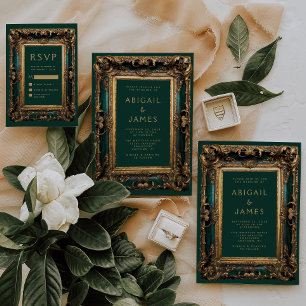 Vintage Ornate Frame Emerald Green Gold Wedding Invitation