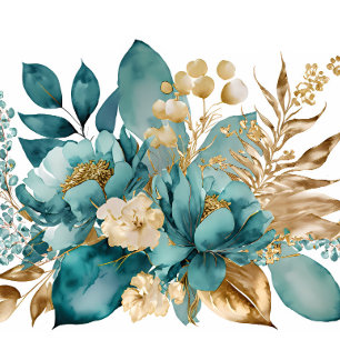 Elegant Teal & Gold Floral Flat Save The Date Card