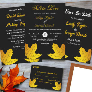 Elegant Luxury Black And Gold Leaves Fall Wedding Invitation