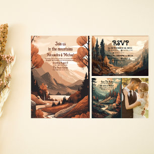 Rustic Mountain Forest Evergreen Wedding QR Code Invitation