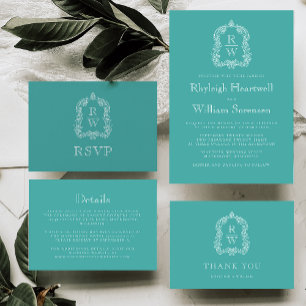 Elegant Monogram Crest Turquoise Wedding Thank You Card