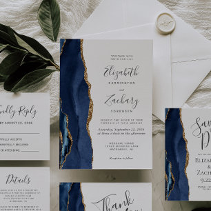Modern Navy Blue Gold Agate Wedding Invitation