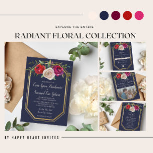 Radiant Floral Navy Blue Burgundy Red Wedding Invi Invitation