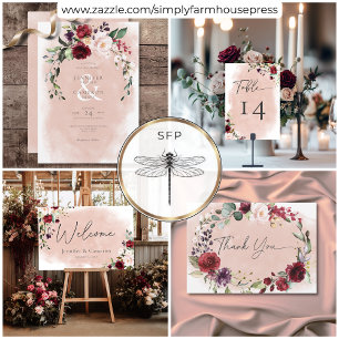 Rustic Burgundy & Blush Pink Roses Wedding Invitation