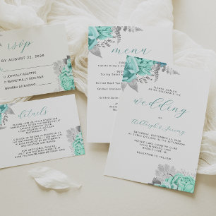 Elegant Floral Aqua Silver Script Wedding Invitation