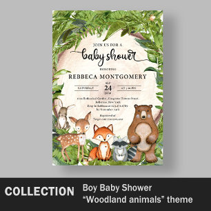 Woodland forest animals greenery wooden slice invitation