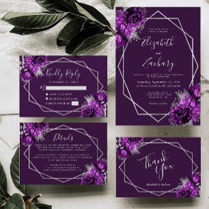 Plum Purple Silver Floral Geometric RSVP Card