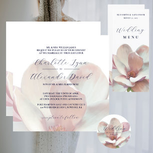 Invitation Élégant Magnolia Mariage rose et blanc