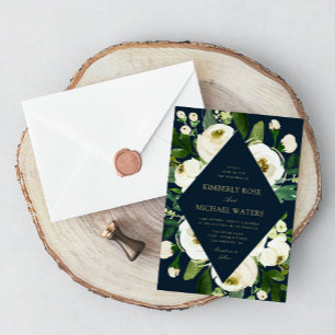 gold script white garden floral navy wedding invitation