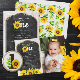 Sunflower & Gold ONE Baby Girl 1st Birthday Party 1 Inch Round Button