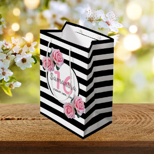 Pink roses black white stripes Sweet 16 Invitation