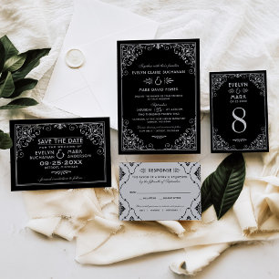  Vintage Silver and Black Art Deco Wedding Invitation