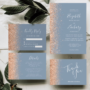 Budget Dusty Blue Peach Glitter Wedding Invite