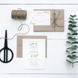 Green Watercolor Leaf Wreath Wedding Invitation