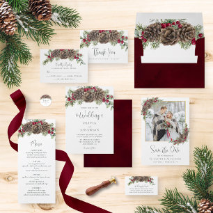 Winter Watercolor Pine Christmas Wedding Photo Save The Date