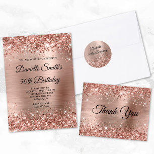 Rose Gold Glittery Foil Monogram 50th Birthday Invitation