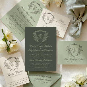 Vintage Floral Crest Olive Sage Monogram Wedding Envelope