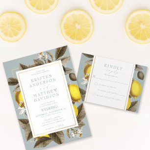Botanical Lemon Leaves Wedding Dusty Blue Invitation