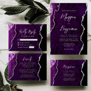 Modern Purple Agate Silver Script Wedding Invitation