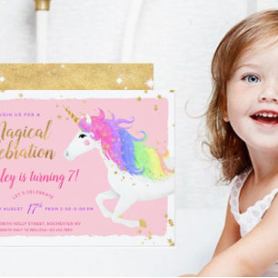 Unicorn Birthday Invitation   Pink Gold Rainbow