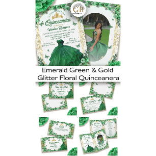 Emerald Green Gold Glitter Floral Quinceanera Save The Date