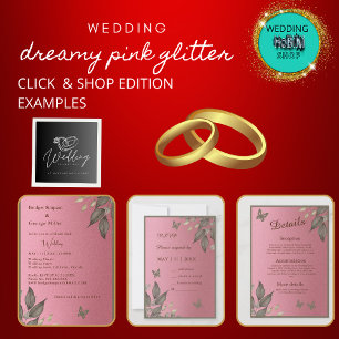 dreamy pink glitter foliage wedding seating card