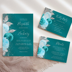 Floral Turquoise Silver Meal Choice Wedding RSVP Card