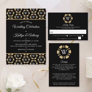 Silver Glitter Monogram Poker Chip Casino Wedding Invitation