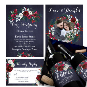 Rustic winter navy blue burgundy floral wedding invitation