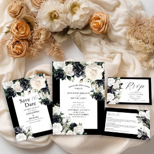 Modern Black and White Floral Wedding Invitation
