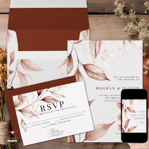 Modern Terracotta Leaf Sketch Photo Save the Date Postcard