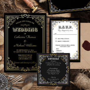 Invitation En Aluminium Art Déco vintage Élégant Mariage noir et or